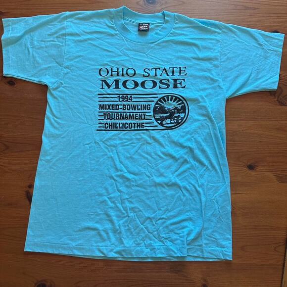 Vintage unworn large single stitch Moose Lodge Bowling Ohio T Shirt blue - Picture 1 of 7